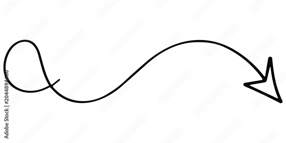 Obraz premium Curved wavy arrow with loop pointing right, hand drawn sketch graphic element