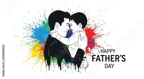 Happy father day illustration with a loving father holding his little son and paint splash illustration