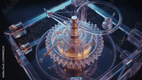 Foto Futuristic transparent clockwork mechanism with glowing internal gears