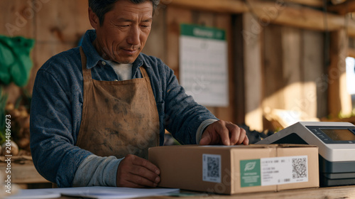 Organic certification traceability QR code label printing at a small-scale packing shed, a farmer affixing individual produce lot stickers linked to input records and inspection