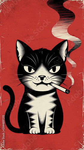 A retro minimalistic illustration of a cat with a halftone technique and rough risograph-like texture. The background is a striking red, while the cat features a black-and-white gradient with a relaxe
