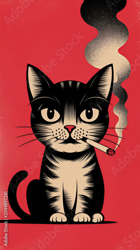 A retro minimalistic illustration of a cat with a halftone technique and rough risograph-like texture. The background is a striking red, while the cat features a black-and-white gradient with a relaxe