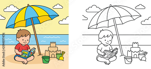 Kids coloring page vector illustration of a boy reading a book under an umbrella on a sandy beach next to a sandcastle, set of colored and outline versions (169 characters)