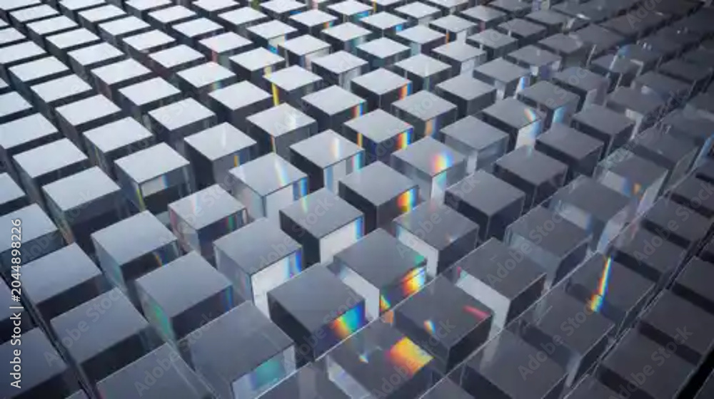 Fototapeta premium Futuristic glass cubes with rainbow light refraction, abstract crystal block pattern with prismatic spectrum effects, geometric transparent square grid for modern technology backgrounds Glass
