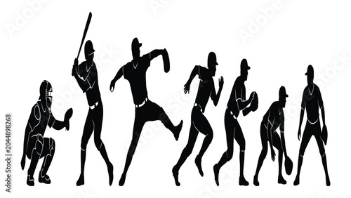 Bild auf Leinwand Baseball athletes engage in characteristic sport motions like batting and pitching shown as clean black silhouettes