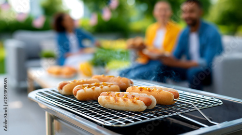 Grilled hot dogs on a barbecue grill with friends enjoying a backyard gathering for the Fourth of July celebration in a sunny outdoor setting