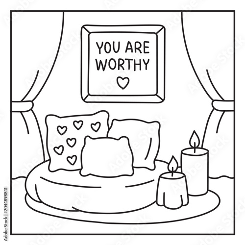 Cozy bedroom interior with pillows candles and you are worthy sign for positive affirmation coloring