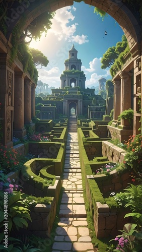 A serene garden pathway leads to a distant tower under a bright blue sky