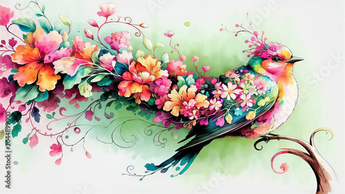 A vibrant, whimsical watercolor illustration of a bird perched delicately on a curved branch, its body artfully composed of an intricate array of blooming flowers and lush foliage. The plumage bursts 