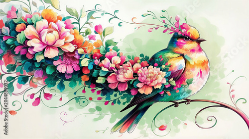 A vibrant, whimsical watercolor illustration of a bird perched delicately on a curved branch, its body artfully composed of an intricate array of blooming flowers and lush foliage. The plumage bursts 