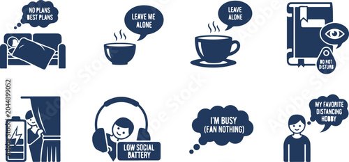 Canvas Print Set of humorous icons depicting various reasons people prefer staying alone or a