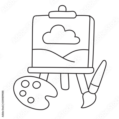 Art easel with canvas and palette for coloring page, bold hand drawn vector line art illustration