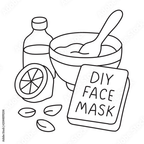 Diy face mask preparation coloring page for adults featuring lemon and bowl with skincare ingredients