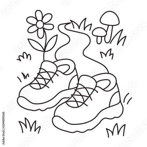 Hiking shoes coloring page for adults featuring nature elements like flowers and mushrooms in forest