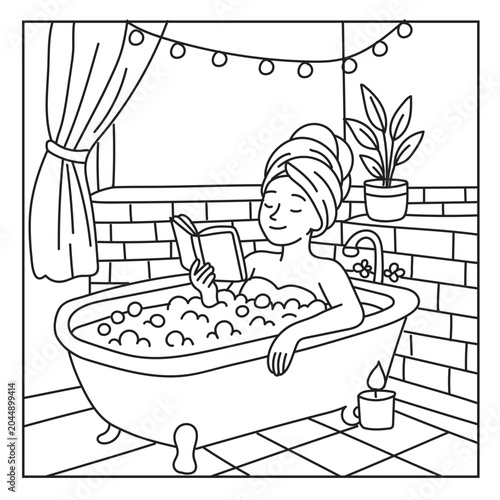 Woman relaxing in bubble bath reading book coloring page for adults in a cozy home bathroom setting