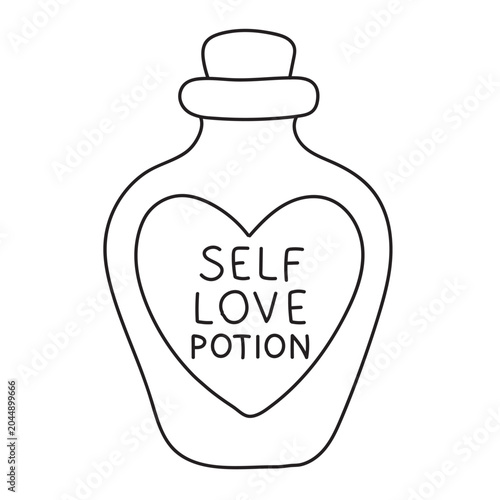 Cute hand drawn self love potion bottle illustration for a relaxing adult coloring book page design