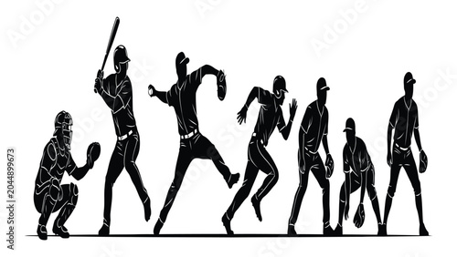 Fotografie Baseball team members perform various fielding and batting stances in a detailed black silhouette set