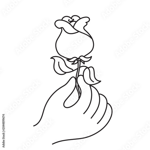 Minimalist hand drawn line art showing a hand holding a rose for a romantic adult coloring book page