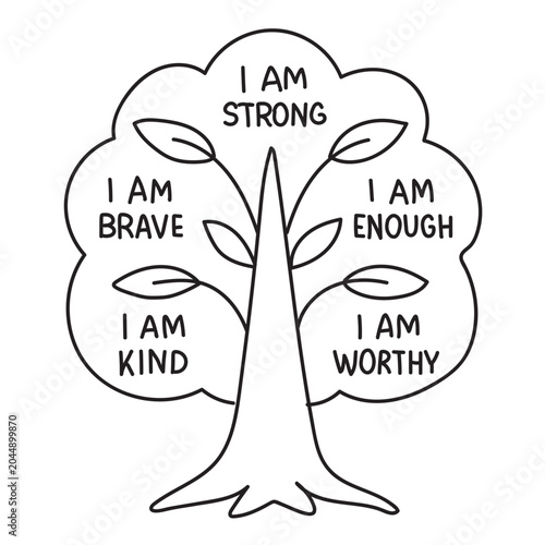 Inspirational tree of life coloring page with positive affirmations bold line art vector illustration