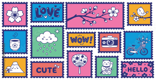 Collection of cute Japanese-themed postage stamps with various icons like cherry blossoms, a kawaii cloud, and a lucky cat.