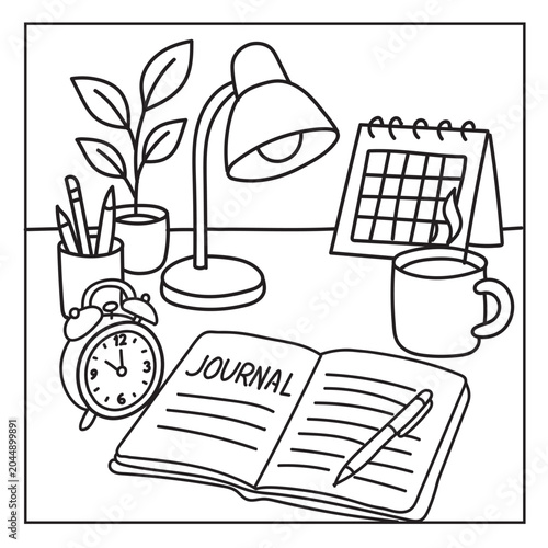Cozy desk workspace with journal lamp and coffee for coloring page bold line art vector illustration