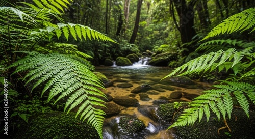 Lush green forest scene with flowing water and ferns