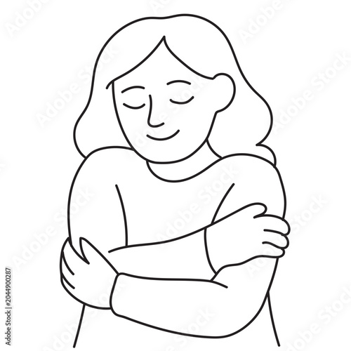 Woman hugging herself for self love and comfort hand drawn vector illustration coloring page design