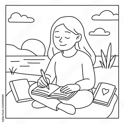 Girl writing in journal by the lake at sunset hand drawn vector illustration coloring page scene