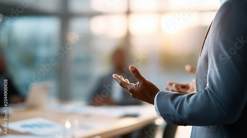 Corporate lawyer listening during client briefing, blurred office background, natural daylight