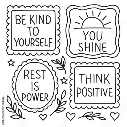 Hand drawn positive affirmation coloring page set with motivational quotes and decorative frames for art