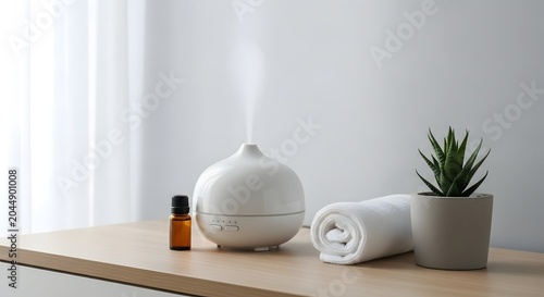 White electric oil diffuser with essential oil bottle towel and small green succulent plant on a wooden table