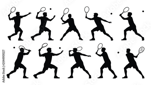 Bild auf Leinwand Tennis athletes illustrate a variety of competitive hitting techniques and court movements within this organized array of silhouettes