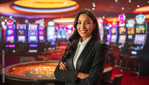 A confident professional woman standing in a modern casino environment with slot machines and gaming tables in the blurred background.