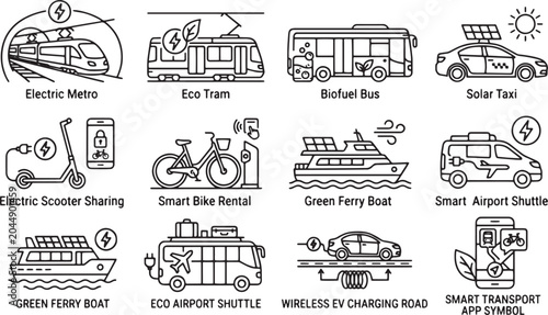Eco public transport and smart green city transit outline icon set with electric metro eco tram biofuel bus solar taxi smart bike rental wireless ev charging road vector illustration