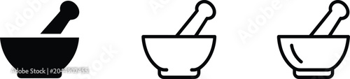 Tableau sur toile Three Mortar and Pestle Icons in Black and White Line Art and Solid Fill grindin
