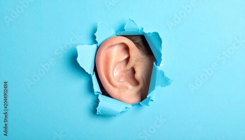 A close up of a human ear peeking through a hole in blue paper background representing listening hearing communication and curiosity concept.