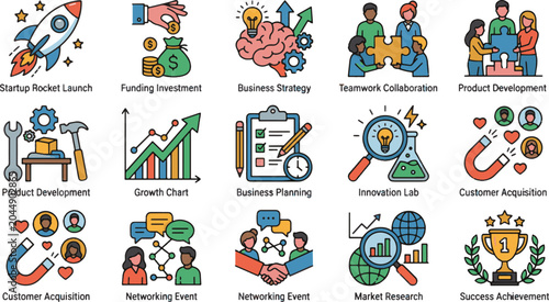 Business startup and corporate growth concept flat line icon set with rocket launch teamwork collaboration product development market research and success achievement vector illustration