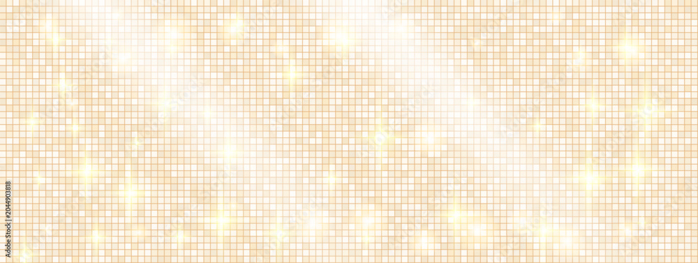Fototapeta premium Disco ball gleam with bright gradient glitter for party banner. Golden disco mosaic by sequin ball tile in warm light. Vector backdrop with mirror background and gentle shimmer for social media promo.