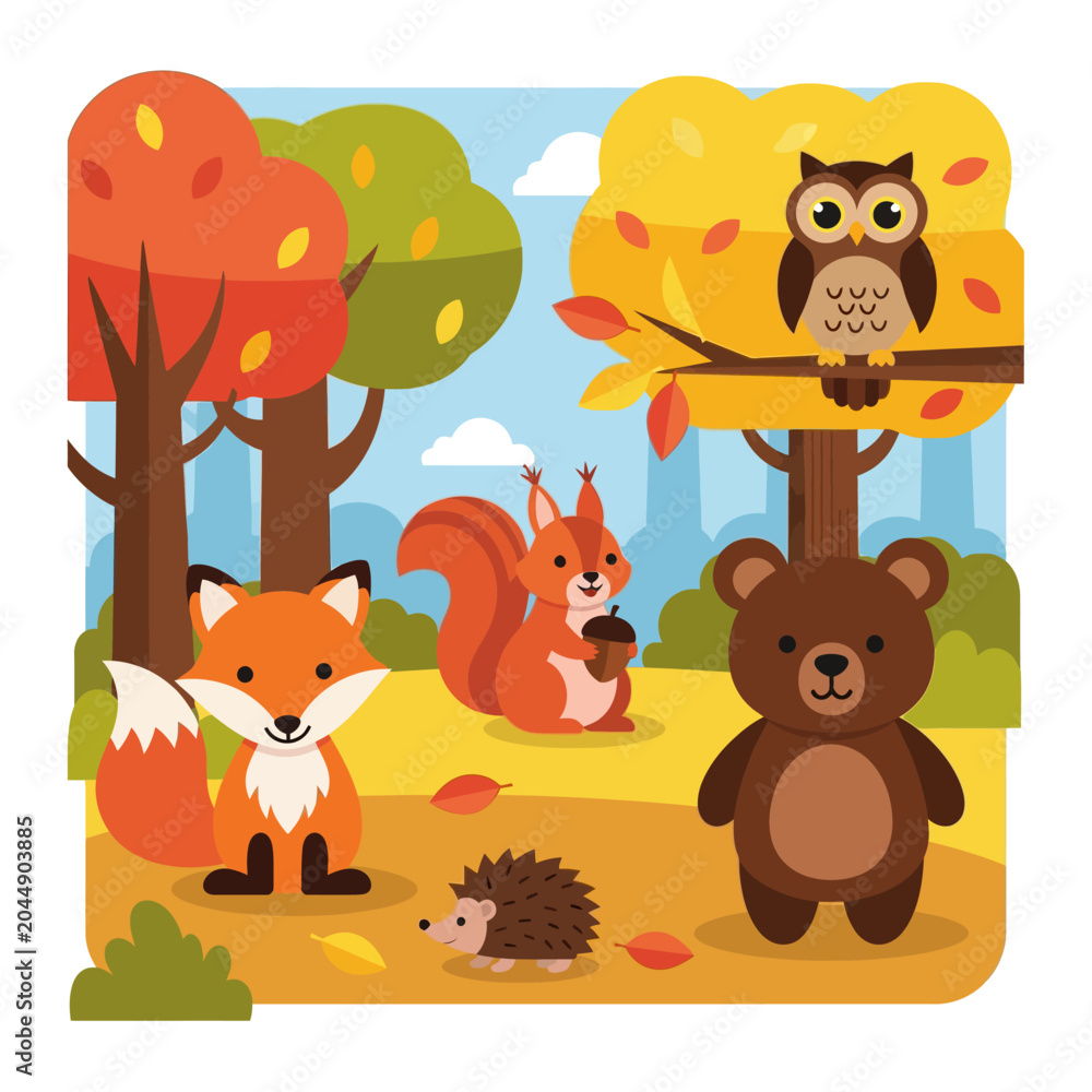 Naklejka premium Cute Animals in Autumn Forest - Fox, Owl, Bear, Squirrel, Hedgehog