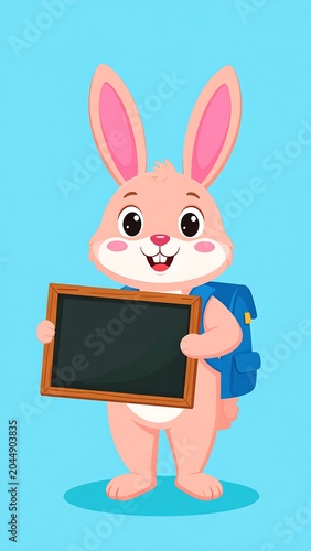 A cartoon rabbit with a cheerful expression holds a blank chalkboard