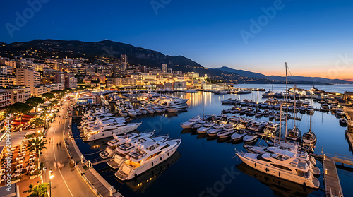 Monaco principality panoramic view at dusk with luxury yachts in port Hercule and illuminated city.