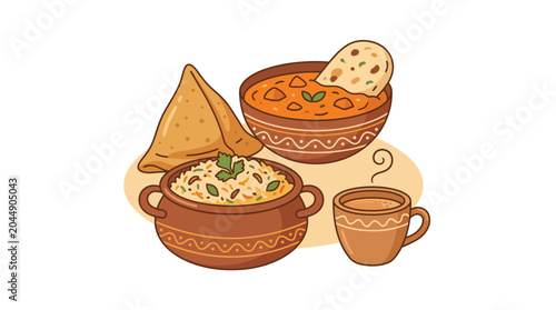Traditional Indian food collection with curry samosa and rice
