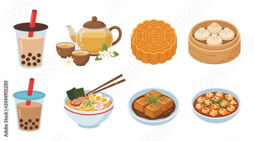 Assorted Chinese street food snacks and drinks vector set