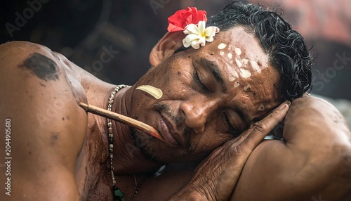 A serene man with painted face and body adorned with flower