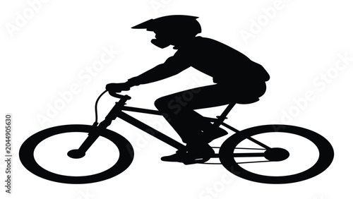 Photos Cyclist wearing a protective helmet rides a mountain bike across a flat surface in this minimalist outdoor recreation silhouette