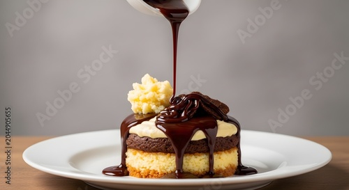 Delicious chocolate sauce pouring over a layered cake on a white plate