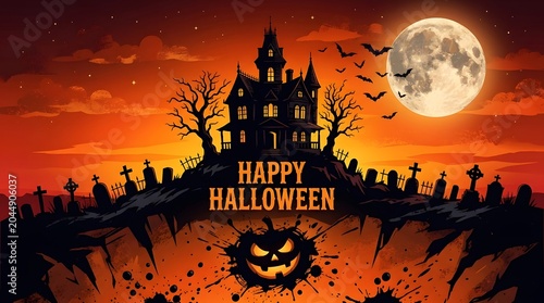 Spooky halloween night with haunted house and graveyard