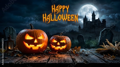 Jack o' lanterns and haunted castle on a wooden table for halloween