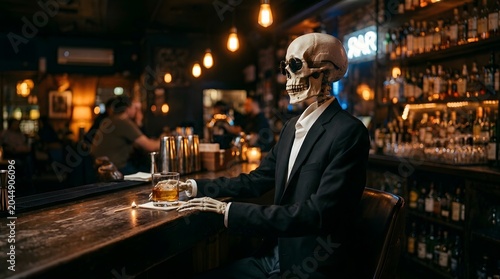 A skeleton in a suit sitting at a dimly lit bar with a whiskey on the rocks