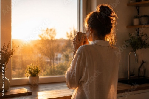 Woman Enjoying Morning Coffee by the Window at Sunrise